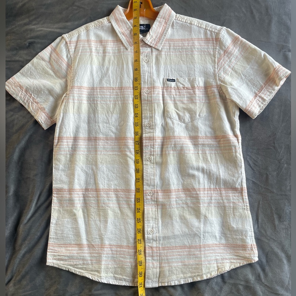 O'Neill Men's Small Striped Button Down Shirt - Cream with peach and yellow.
